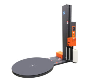 SMARTWRAP X2 PRE-STRETCH pallet wrapper with a scale and a label printer with the turntable and the film carriage on the column