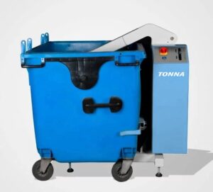 TONNA1100 bin press with a wheeled 1100-liter container on its platform